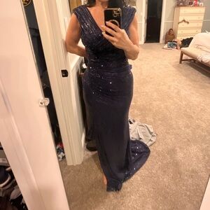 Beaded formal gown navy blue with stretch NEW boutique brand THIS IS NOT JOVANI